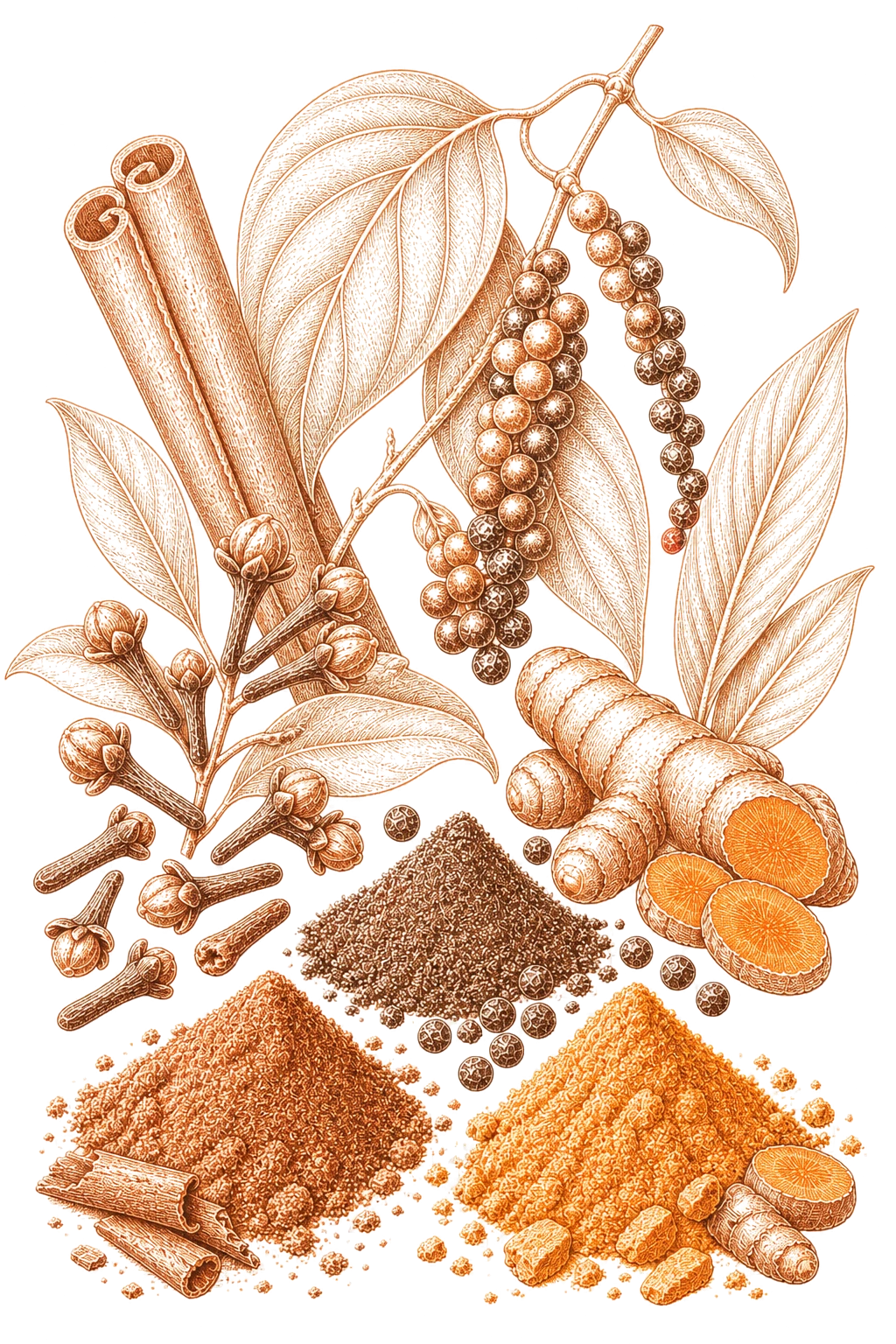 Stylised copper botanical arrangement of cinnamon, pepper, cloves, turmeric and ground spice powders