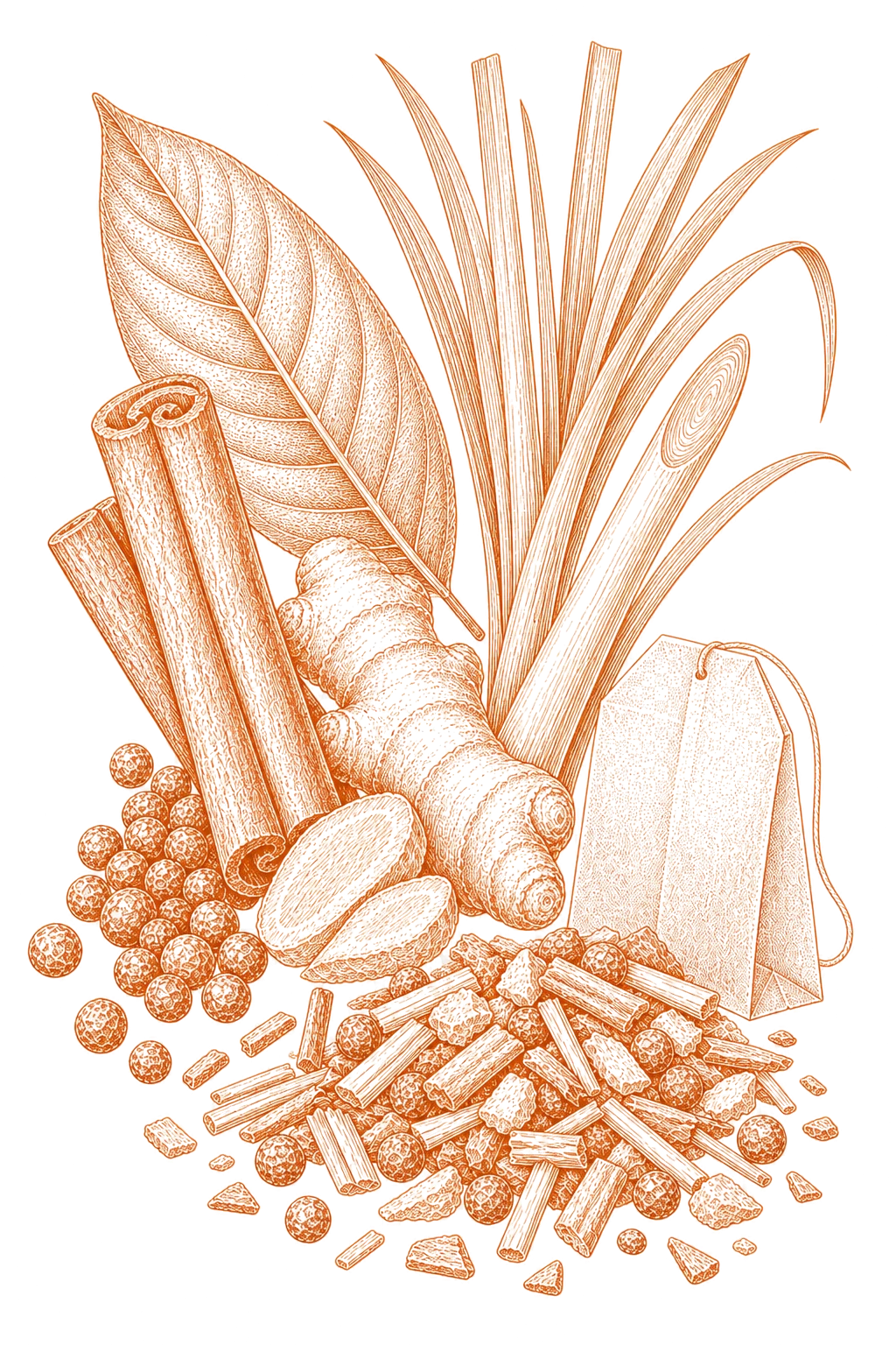 Stylised copper botanical arrangement of infusion spices, coarse cuts and an unbranded filter sachet