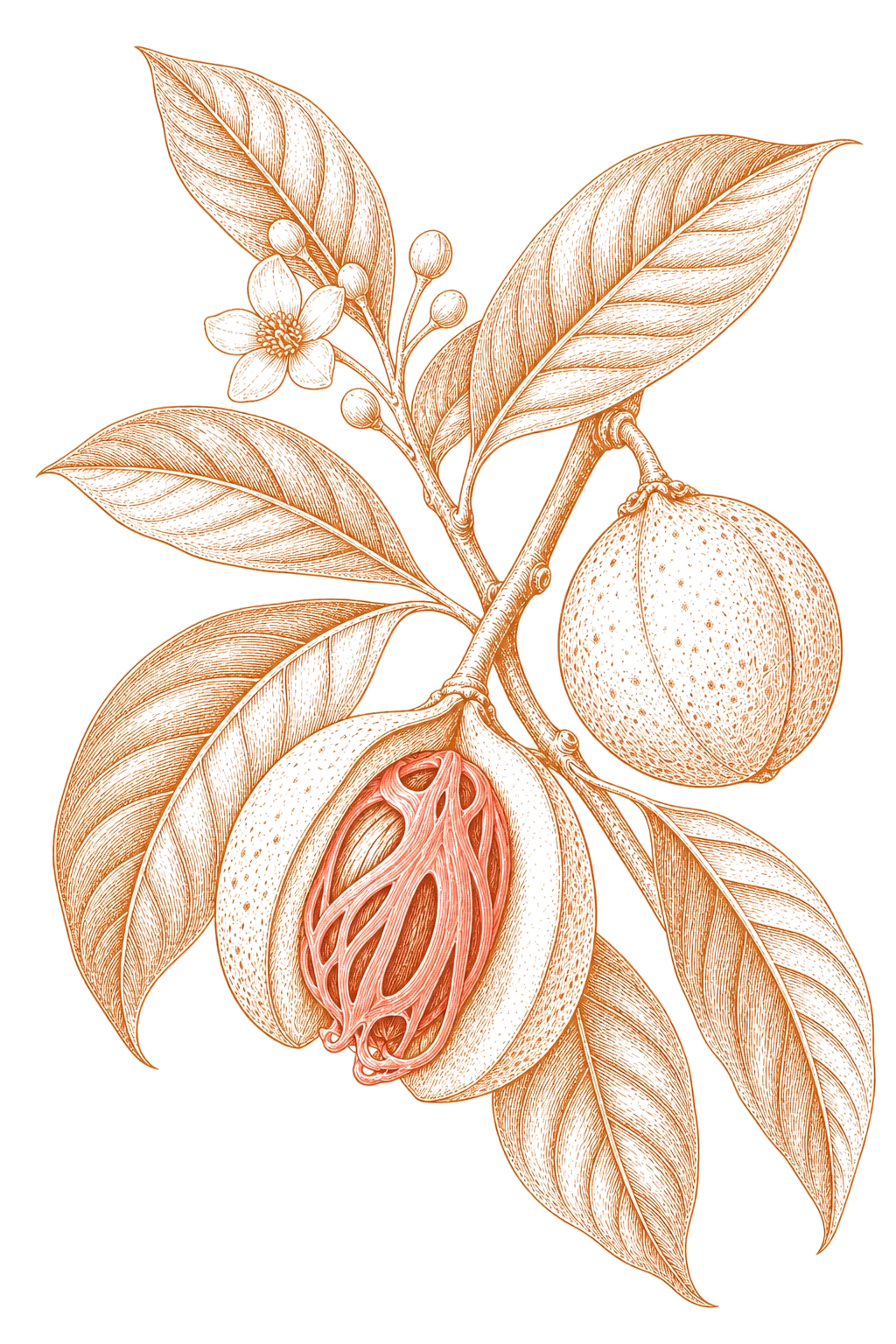 Stylised copper line illustration of a nutmeg branch with an opened fruit and prominent mace aril