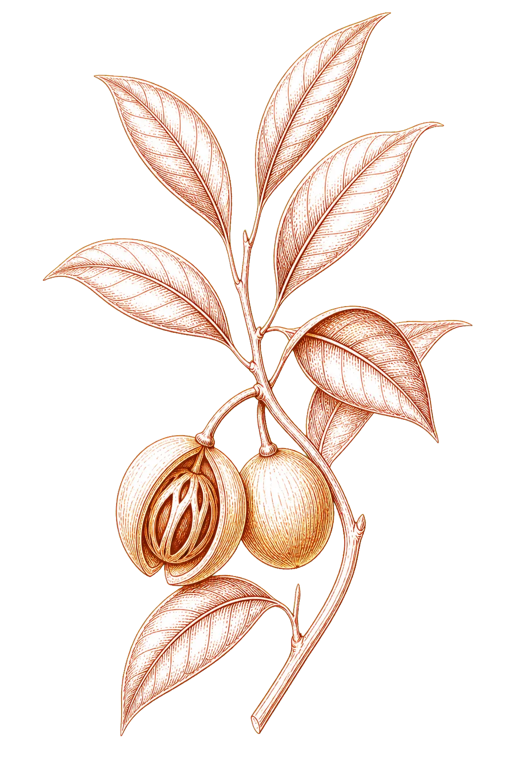 Stylised copper line illustration of a nutmeg branch with fruit, seed and mace aril