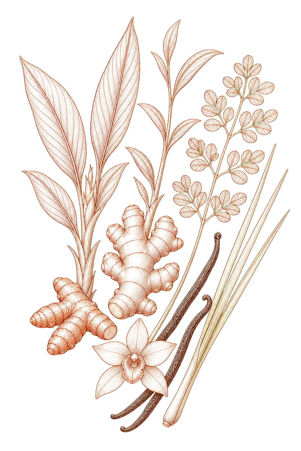 Stylised copper line arrangement of turmeric, ginger, moringa, lemon grass and vanilla