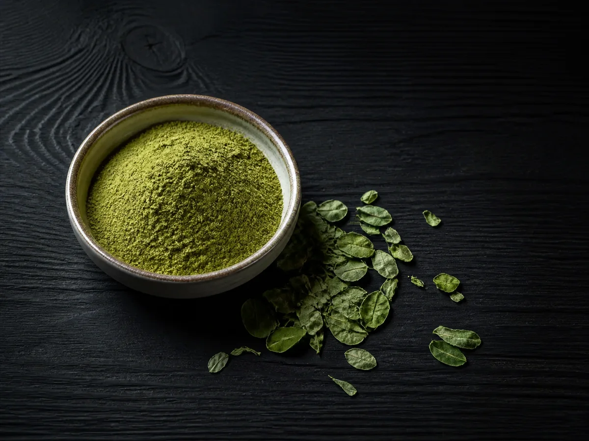 Moringa powder and dried moringa leaves on dark wood