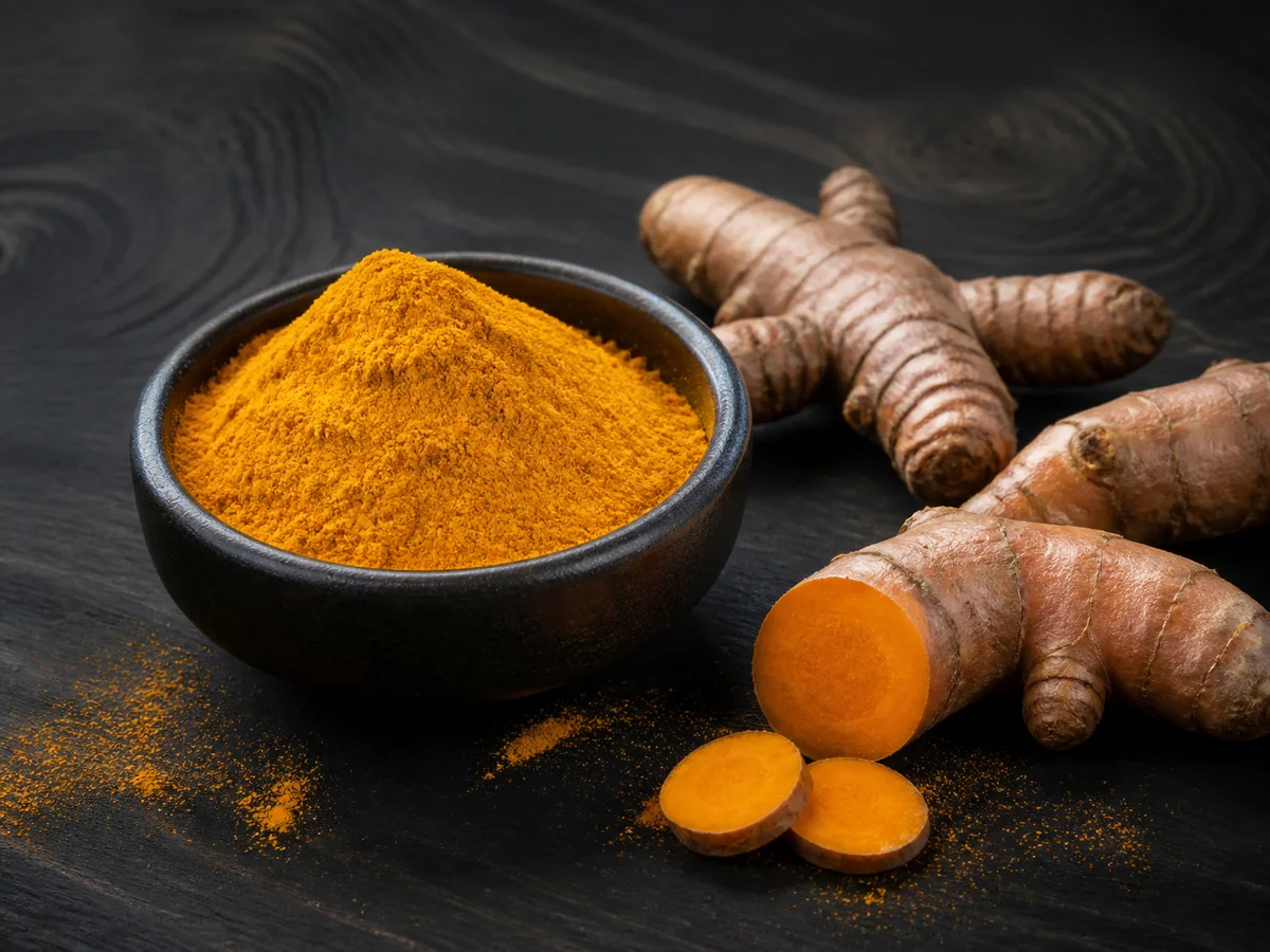 Fresh turmeric rhizomes and golden turmeric powder on dark wood