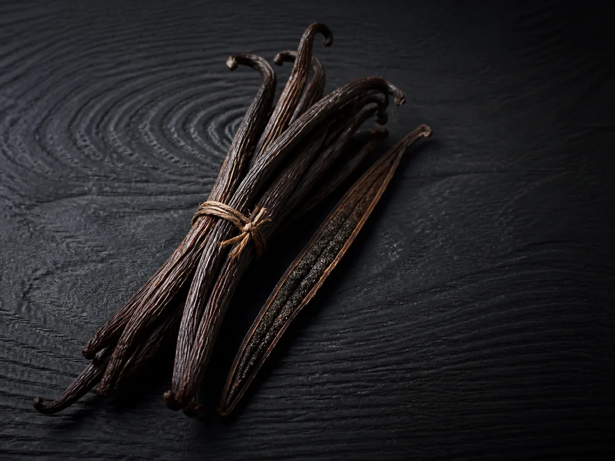 Cured vanilla beans on dark wood