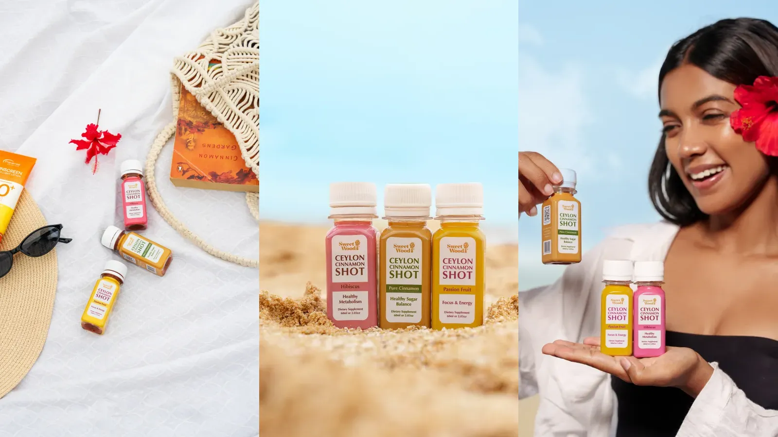 Sweet Wood Ceylon Cinnamon Shot white-cap bottles in beach and lifestyle scenes