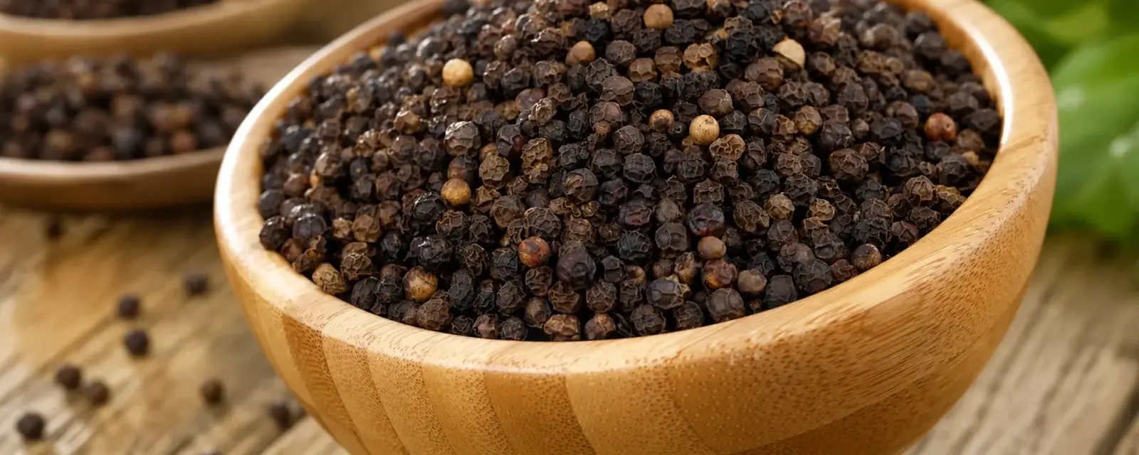 Whole black peppercorns piled in a wooden bowl