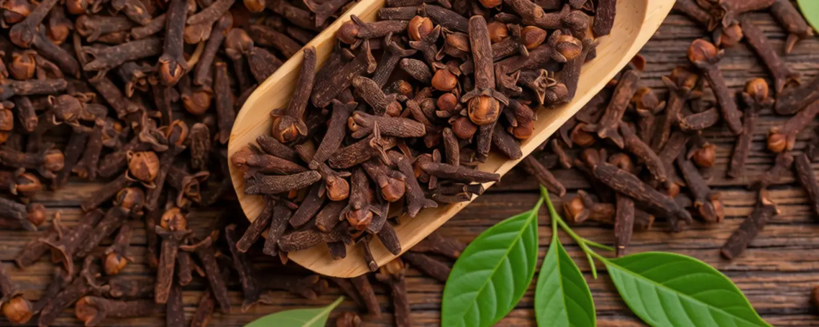 Whole dried cloves in a wooden scoop with fresh green leaves over rustic wood
