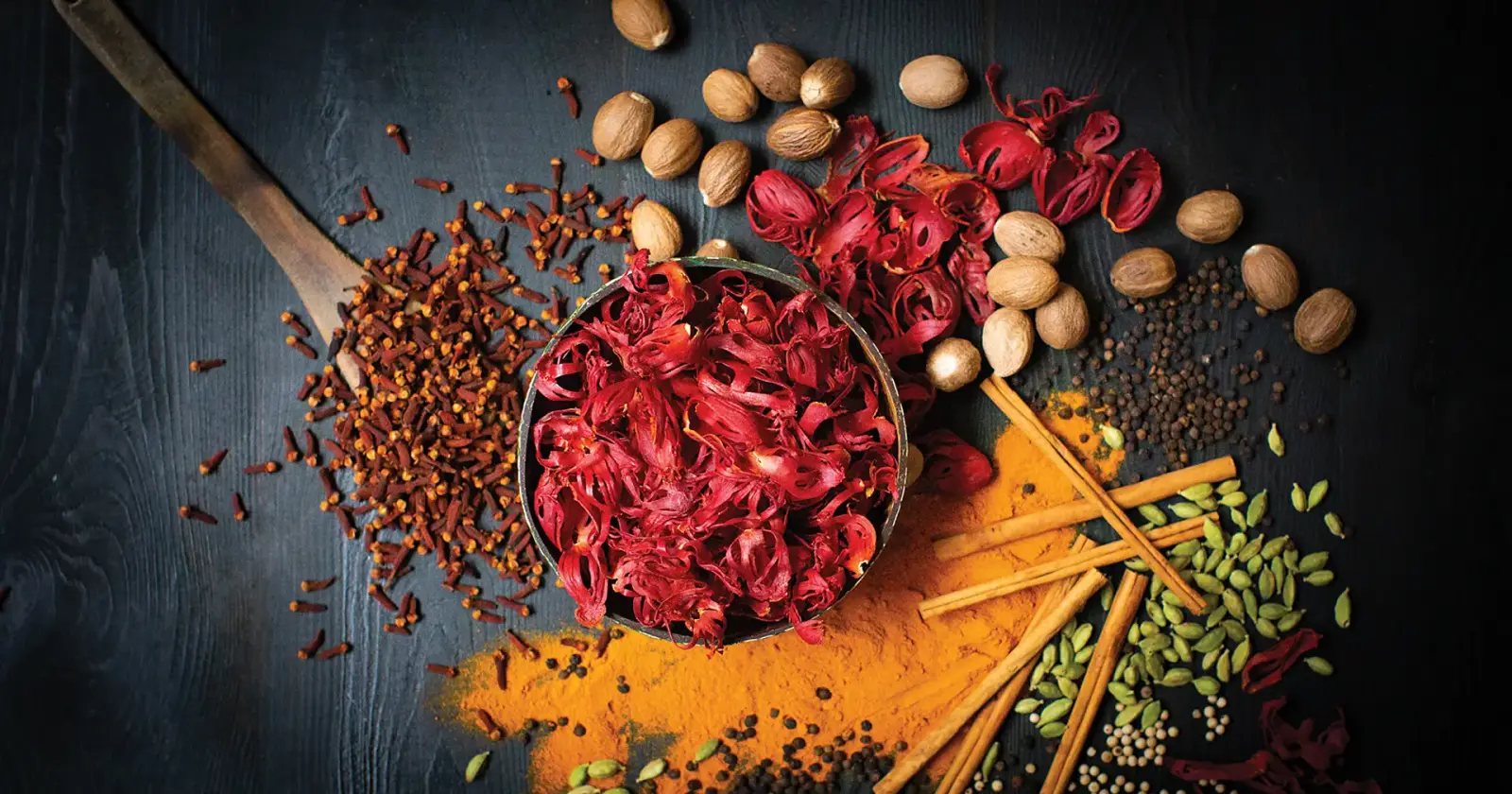 Overhead arrangement of mace, nutmeg, cloves, turmeric, cinnamon and pepper