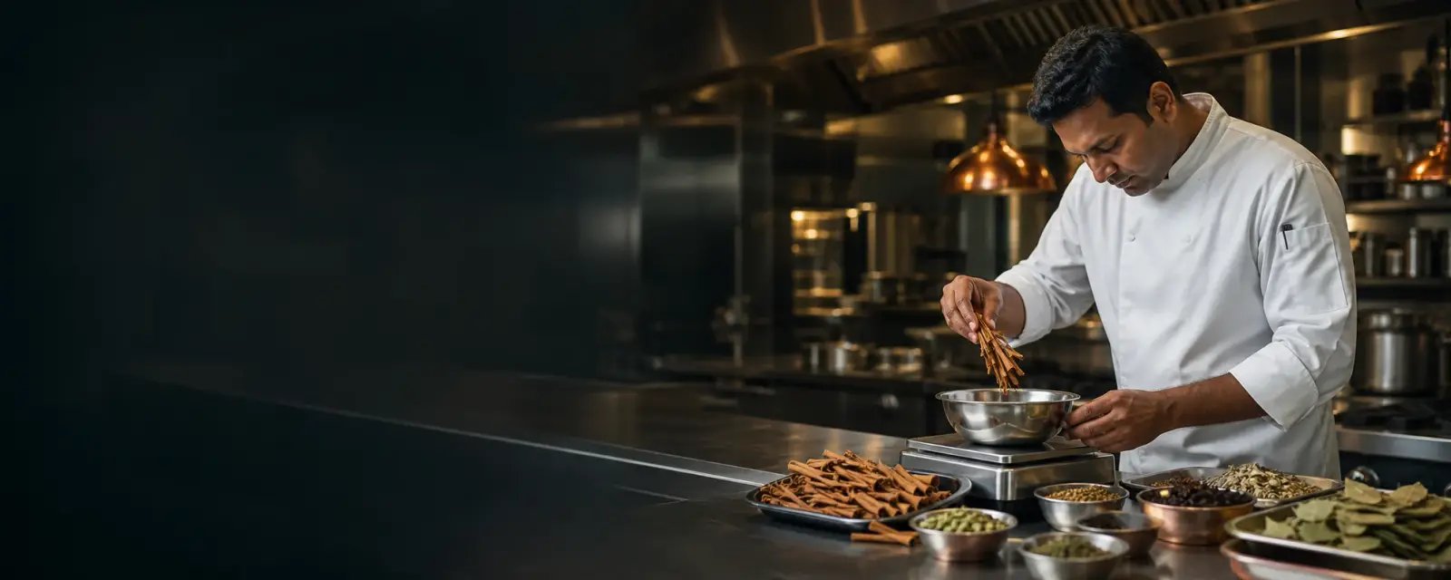 Chef weighing Ceylon cinnamon beside trays and bowls of whole spices in a professional kitchen