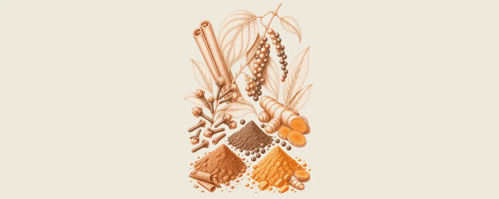 Botanical illustration of cinnamon, pepper, cloves, turmeric and ground spice powders