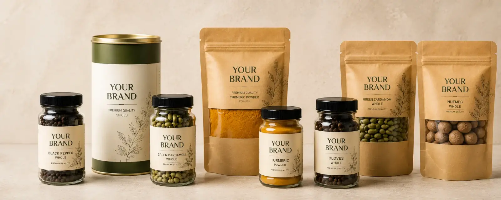 Private-label spice packaging examples in jars, tins and resealable pouches